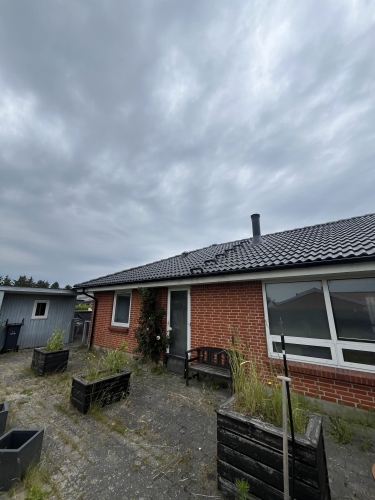 hus med nyt tag og overgroet indgang